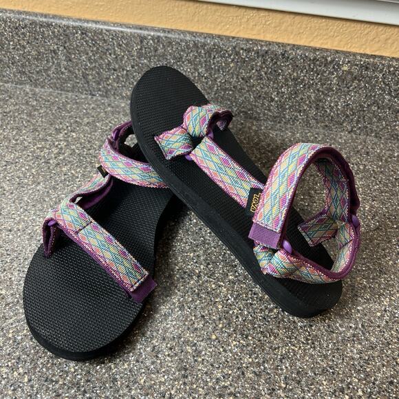 Teva Sandals Women's Sz 9 Original Hiking Sport Strappy Purple Multi Hook & Loop - Picture 2 of 11
